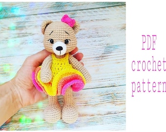 Crochet teddy bear pattern PDF, bear in dress pattern, amigurumi toy for girl, doll