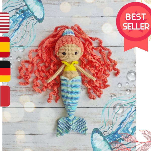 Crochet mermaid pattern, amigurumi doll tutorial in English, Spanish, German and Italian, diy gift for girl