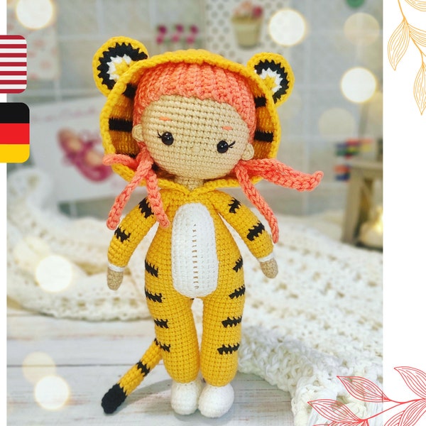 Crochet tiger doll pattern, amigurumi doll in tiger costume tutorial in English, diy New Year and Christmas 2022 gift for girl