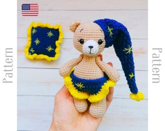 Crochet teddy bear pattern, dressed bear in cap with pillow amigurumi toy PDF