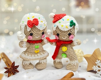 Crochet pattern Gingerbread Man and Gingerbread Girl, cute Christmas couple, amigurumi toy tutorial in  and Deutsch