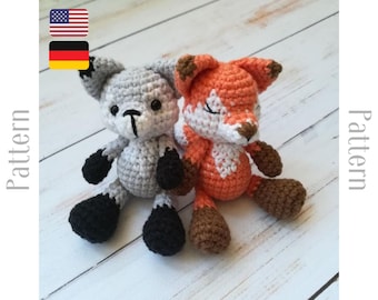 Patrón de crochet de lobo y zorro pequeño, juguete amigurumi en PDF