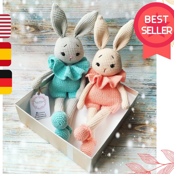 Crochet bunny pattern, amigurumi toy doll PDF, gift for girl, Easter bunny, English / Spanish / German