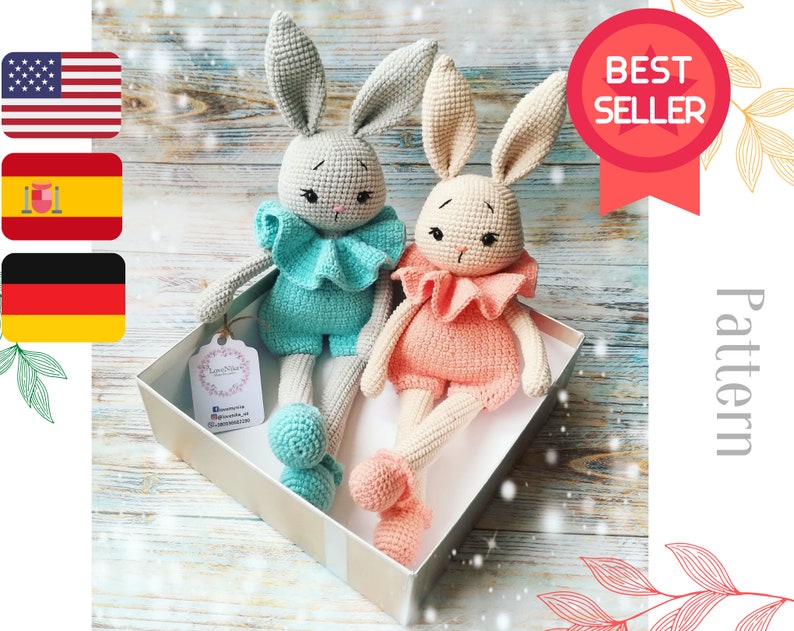 Crochet bunny pattern, amigurumi toy doll PDF, gift for girl, Easter bunny, English / Spanish / German image 1
