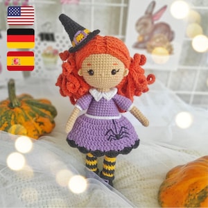 Patrón mago de crochet, linda muñeca bruja amigurumi tutorial en inglés, español, alemán, decoración de Halloween, muñeca con vestido