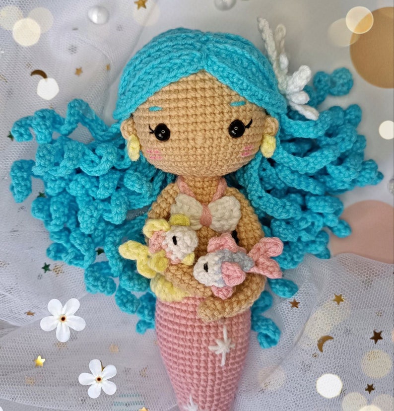 Crochet mermaid pattern, amigurumi doll tutorial in English and German, diy gift for girl image 2