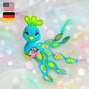 Crochet peacock pattern, amigurumi bird tutorial in English, peafowl decoration, diy gift