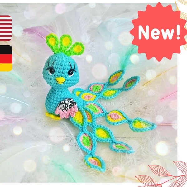 Crochet peacock pattern, amigurumi bird tutorial in English, peafowl decoration, diy gift