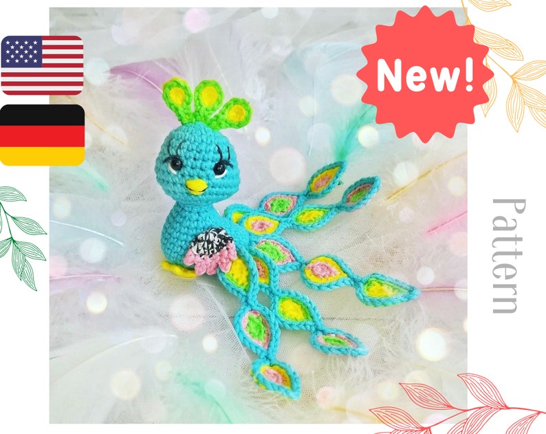 Crochet peacock pattern, amigurumi bird tutorial in English, peafowl decoration, diy gift image 1