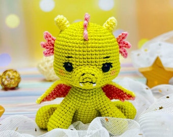 Crochet dragon pattern, cute fantasy amigurumi, baby dragon tutorial in English and German, New Year 2024 symbol