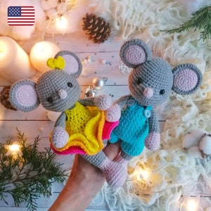 Crochet mouse pattern / Amigurumi plush toy PDF / Mouse girl and mouse boy / Mouse in dress / Mouse in overalls