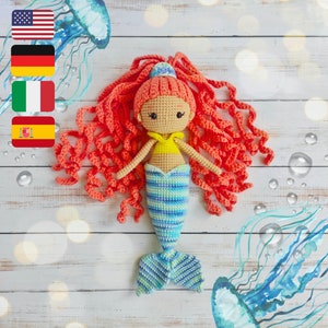 Crochet mermaid pattern, amigurumi doll tutorial in English, Spanish, German and Italian, diy gift for girl