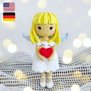 Crochet angel doll pattern, amigurumi doll in dress with heart tutorial, gift for girl