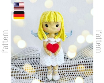 Crochet angel doll pattern, amigurumi doll in dress with heart tutorial, gift for girl