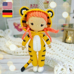 Crochet tiger doll pattern, amigurumi doll in tiger costume tutorial in English, diy New Year and Christmas 2022 gift for girl