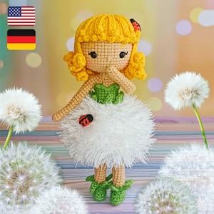 Crochet doll pattern, flower girl amigurumi, dandelion doll tutorial in English, diy gift for girl