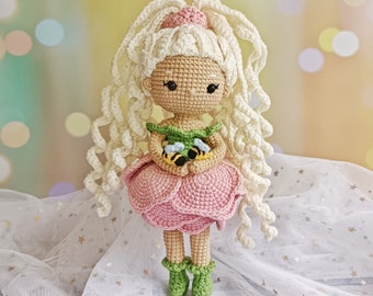 Crochet doll pattern, flower girl amigurumi, peony doll tutorial in English and German, diy gift for girl