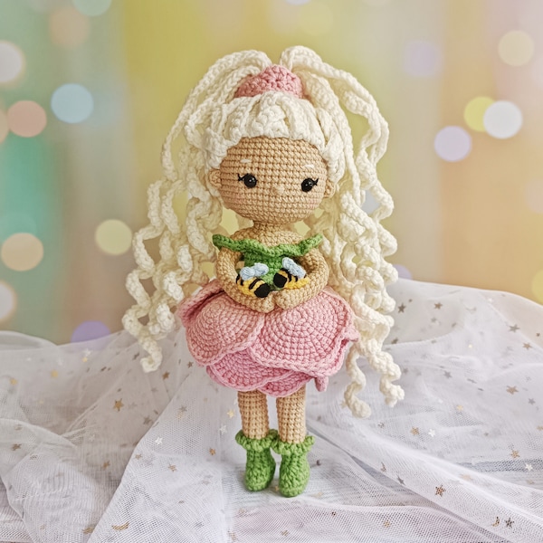 Crochet doll pattern, flower girl amigurumi, peony doll tutorial in English and German, diy gift for girl