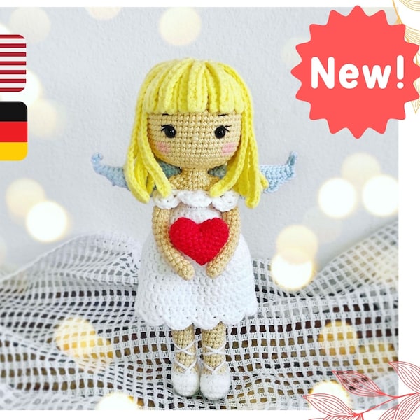 Häkelanleitung für eine Engelspuppe, Amigurumi-Puppe im Kleid mit Herz, Anleitung, Geschenk für Mädchen