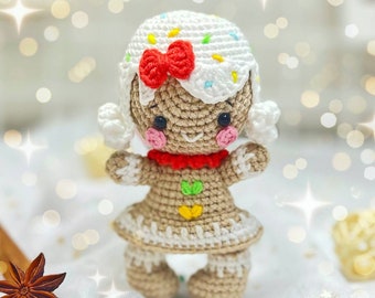 Crochet gingerbread Girl pattern, Christmas amigurumi toy tutorial in English and Deutsch