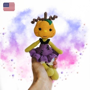 Crochet pumpkin doll pattern, Pumpkinhead, Thanksgiving Day gift diy, Halloween amigurumi toy tutorial in English