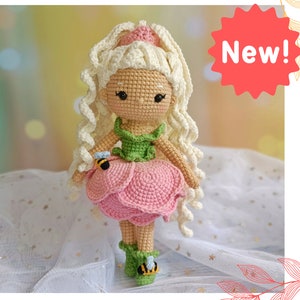 Crochet doll pattern, flower girl amigurumi, peony doll tutorial in English and German, diy gift for girl image 6