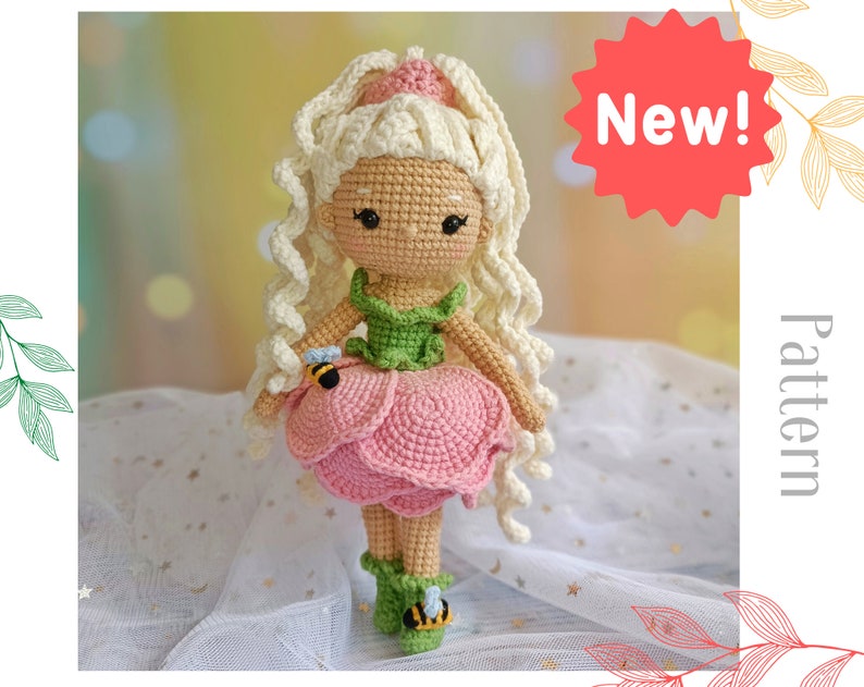 Crochet doll pattern, flower girl amigurumi, peony doll tutorial in English and German, diy gift for girl image 6