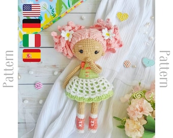 Crochet doll pattern, amigurumi doll in dress tutorial, gift for girl