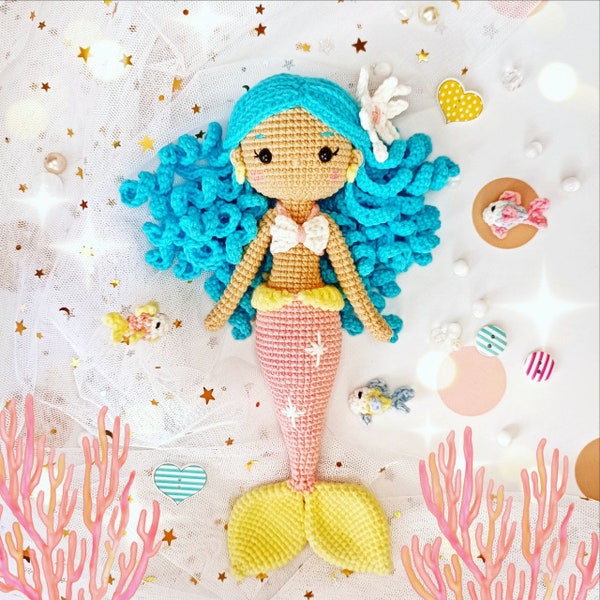 Motif sirène au crochet, tutoriel poupée amigurumi en anglais et en allemand, cadeau bricolage pour fille