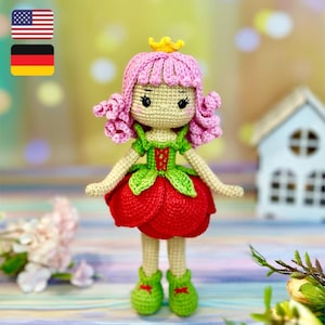 かぎ針編み人形のパターン、フラワーガールの編みぐるみ、英語とドイツ語のバラ人形のチュートリアル、女の子への DIY ギフト