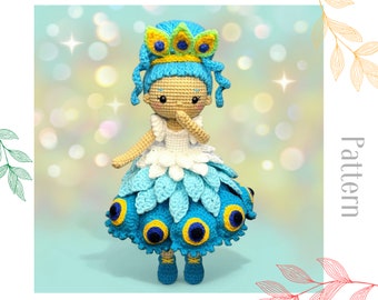 Crochet doll pattern, girl in a beautiful peacock dress, amigurumi doll tutorial in English, diy gift for girl