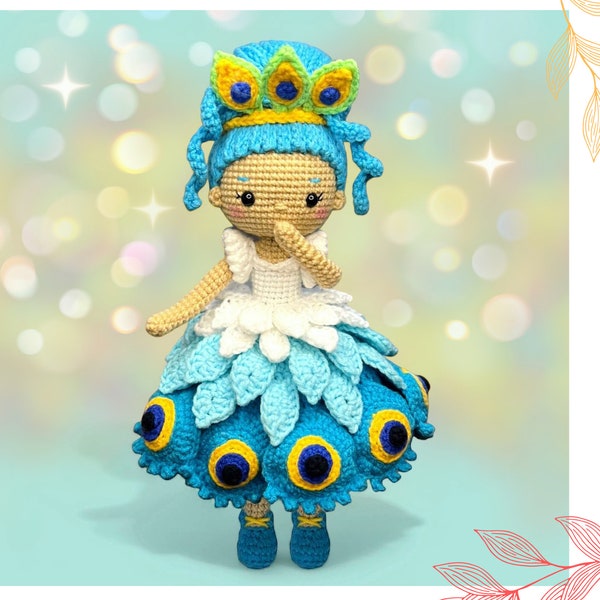 Häkelpuppenmuster, Mädchen in einem wunderschönen Pfauenkleid, Amigurumi-Puppen-Tutorial auf Englisch, DIY-Geschenk für Mädchen