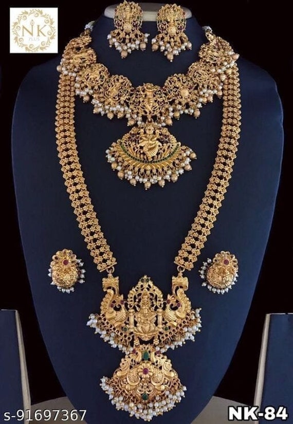 Beautiful Antique Temple Necklace Set indian Women Jewellery Gold