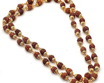 Traditional Small Rudraksha India Garland/Mala/Haar With Small Wooden Gold Beads 