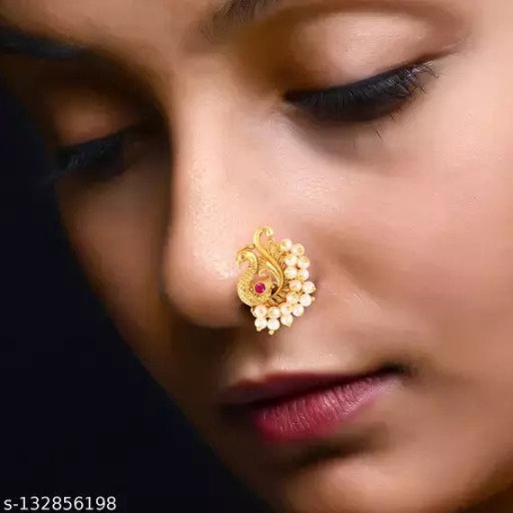 Amazon.com: Gold Finish Designer Nathiya, Nath|Wedding Nose Ring for  Women|Clip-on Nose Ring|Ring for Nose |Pressing Nath By Indian Collectible  : Clothing, Shoes & Jewelry