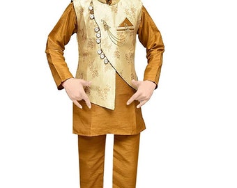 Boy's Designer Sherwani and Vest Set Indian Clothing 3 Piece Party Suit 