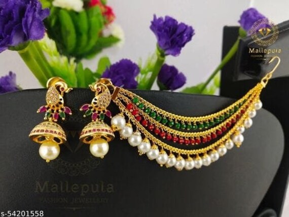 Buy Vshine Wedding Traditional Pearl Ear Chain Hair Accessories Jhumki/Jhumka  Earring Ethnic Collection Festive Fancy Party Wear Latest Design Gold  Plated Chain Link Earring Ear Set Earcuff Fashion Jewellery for Women &