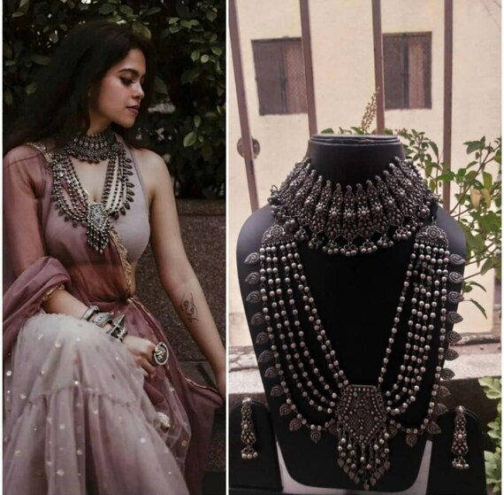 Silver Oxidized Necklace Set With Forehead Jewelry Women