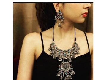 Colorful Necklace Set Indian Fashion Jewelry Silver Oxidized Style Western Style Colorful Necklace Set Indian Fashion Jewelry Silver Oxidized Style Western Style