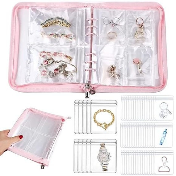 Transparent Jewelry Storage Book, Anti Oxidation Jewelry Storage Organizer  Bag With 60 Pockets for Bracelets Necklace Rings, Pink 