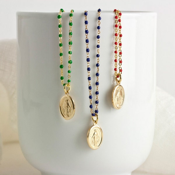 Halskette Rosenkranz Madonna, Goldkette mit Jungfrau Maria Anhänger, Emaille Halskette in grün, blau oder rot, Rosenkranz als Kette