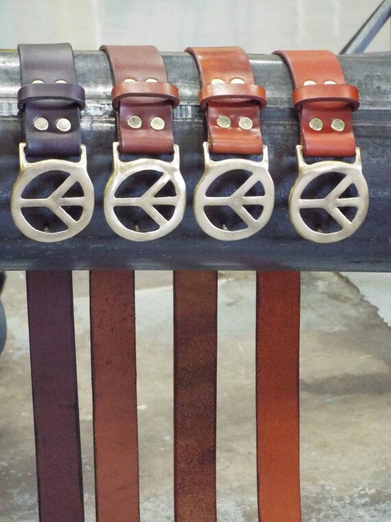 Handmade Whiskey Leather Belt With Brass Peace Sign Buckle  display picture 3