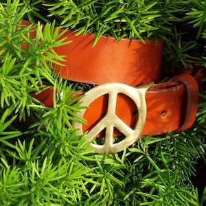 Handmade Chestnut Leather Belt with Brass Peace Sign Buckle