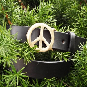 Handmade Black Leather Belt with Brass Peace Sign Buckle