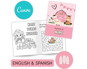 Pink Farm Personalized Coloring Books - Custom Party Favors - Thank You Gift - Birthday - Digital Template Canva