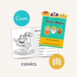 Puede incluir: Un libro de actividades para niños con el texto "Los Reyes Magos" e ilustraciones de los tres reyes. El libro incluye una página para colorear de un camello y la palabra "CAMEL". También se ve la palabra "ESPAÑOL".
