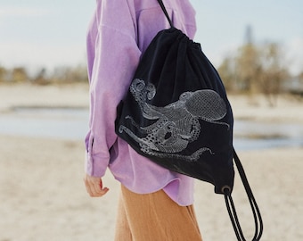 OCTOPUS~Gift for Her~Velvet drawstring backpack~waterproof~with pocket~string bag~gym bag~beach backpack~backpack for dress~embroidered bag