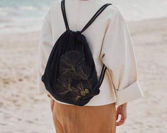 GOLD GINKGO~Gift for Her~Velvet drawstring backpack~waterproof~with pocket~string bag~gym bag~beach backpack~backpack for dress~minimalistic