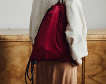 RASPBERRY~Gift for Her~Velvet drawstring backpack~waterproof~with pocket~string bag~gym bag~beach backpack~backpack for dress~minimalistic