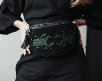 GREEN STAG BEETLE~Gift for Her~cork vegan fanny pack, belt bag, vegan leather, bag with embroidery, crossbody bag sachet,hip bag, waterproof